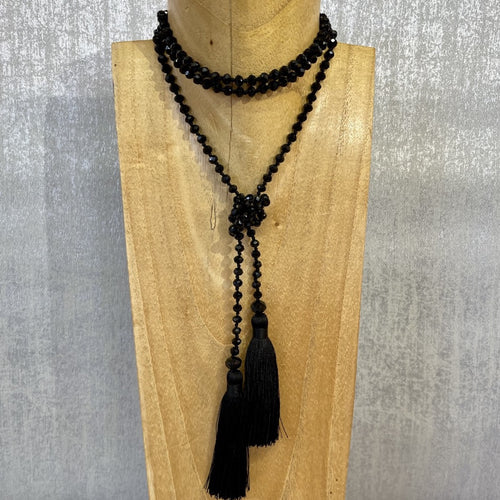 Black Double Tassel necklace with Black crystal beads