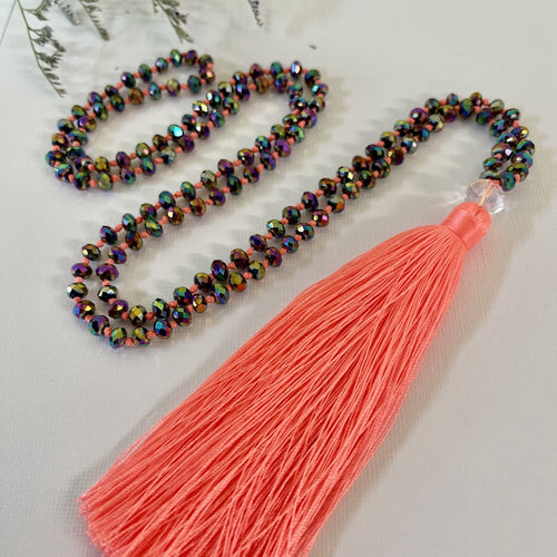 Coral Tassel Necklace with Paua Crystal Beads by My Tassel
