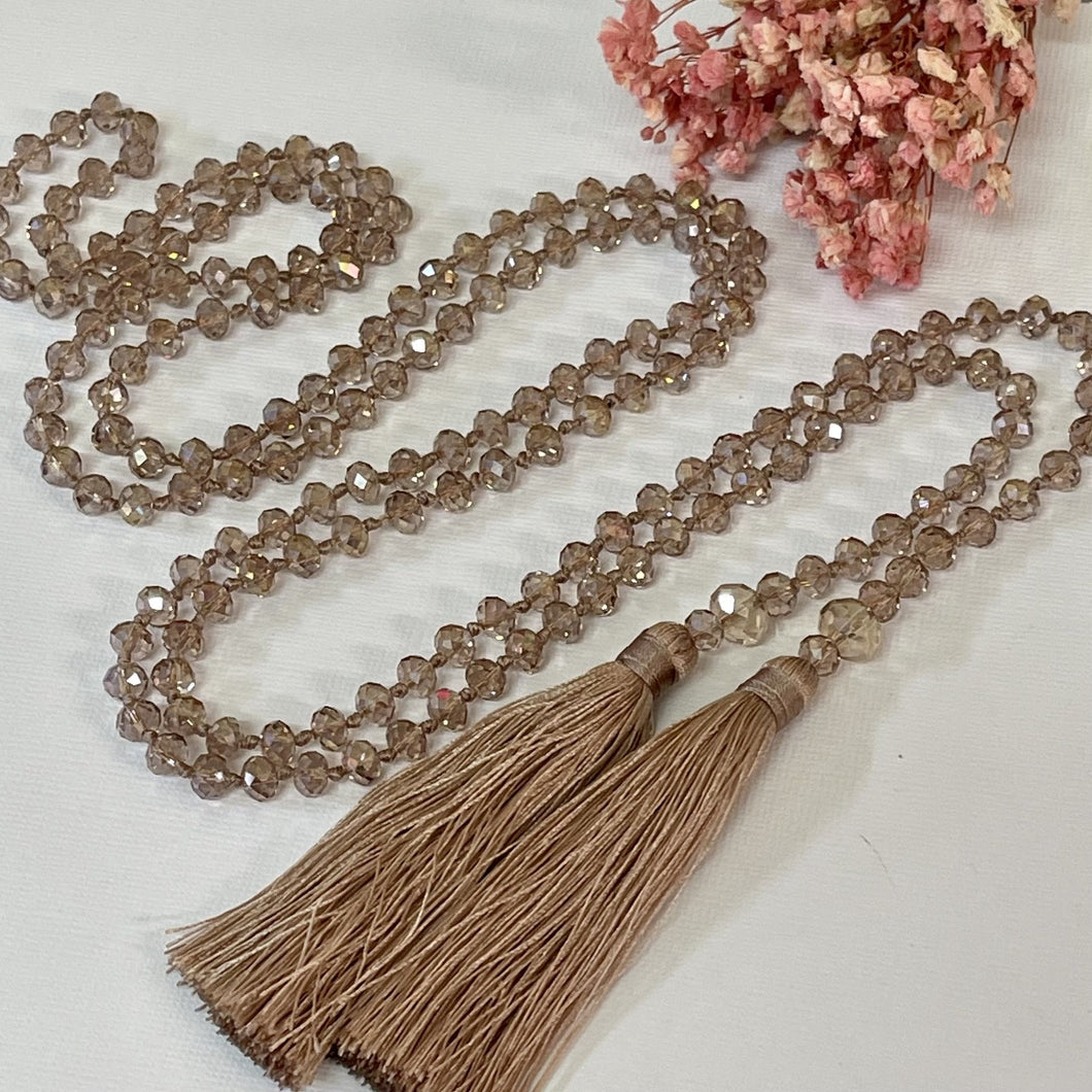 Champagne Double Tassel Necklace with Champagne Crystal Beads