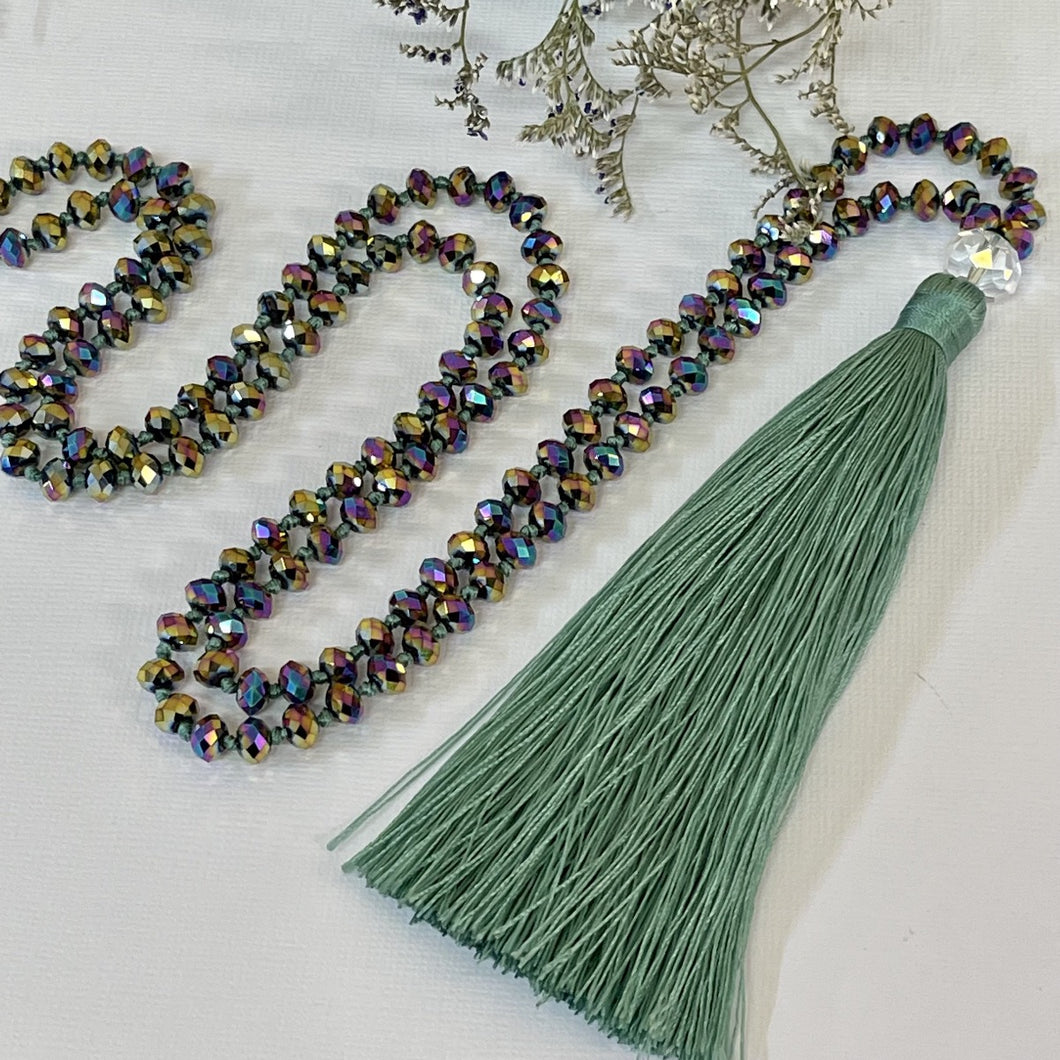 Seafoam Green Tassel Necklace with colourful Paua beads