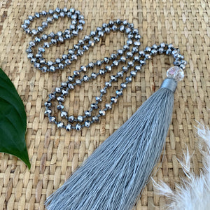 Crystal Tassel Necklace - Grey Silver