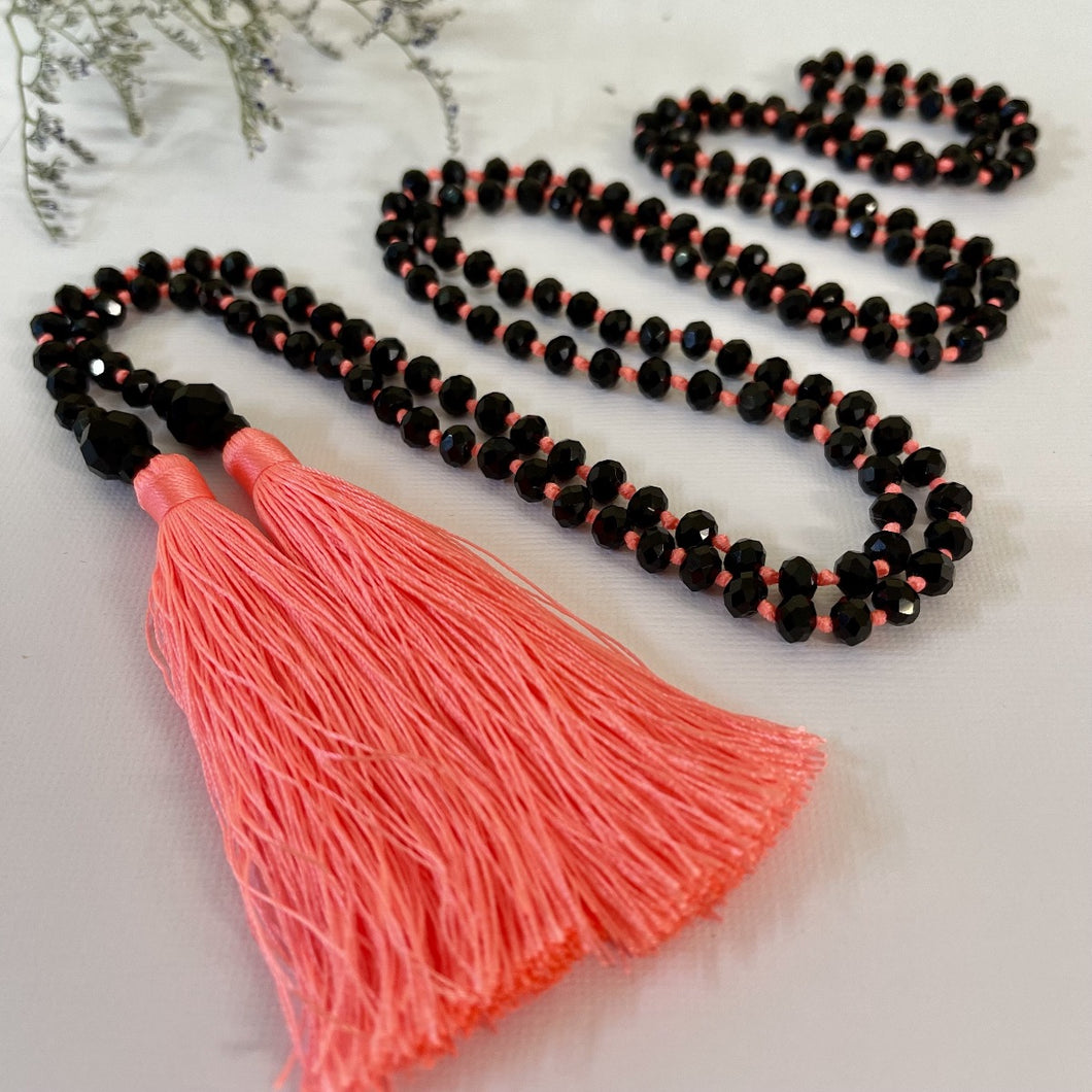 Coral Double Tassel with Black Crystal Beads