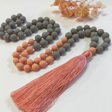Load image into Gallery viewer, Soft Pink Tassel necklace with grey and blush sorbet beads
