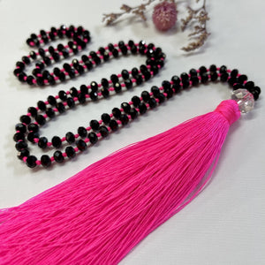 Hot Pink tassel Necklace with Black Crystal Beads 