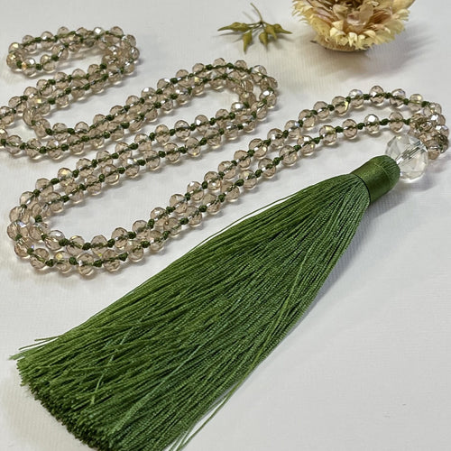 Khaki Tassel Necklace with champagne crystal beads