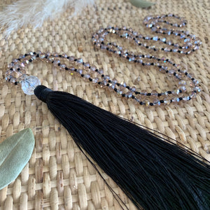 Black Tassel necklace with rose bead