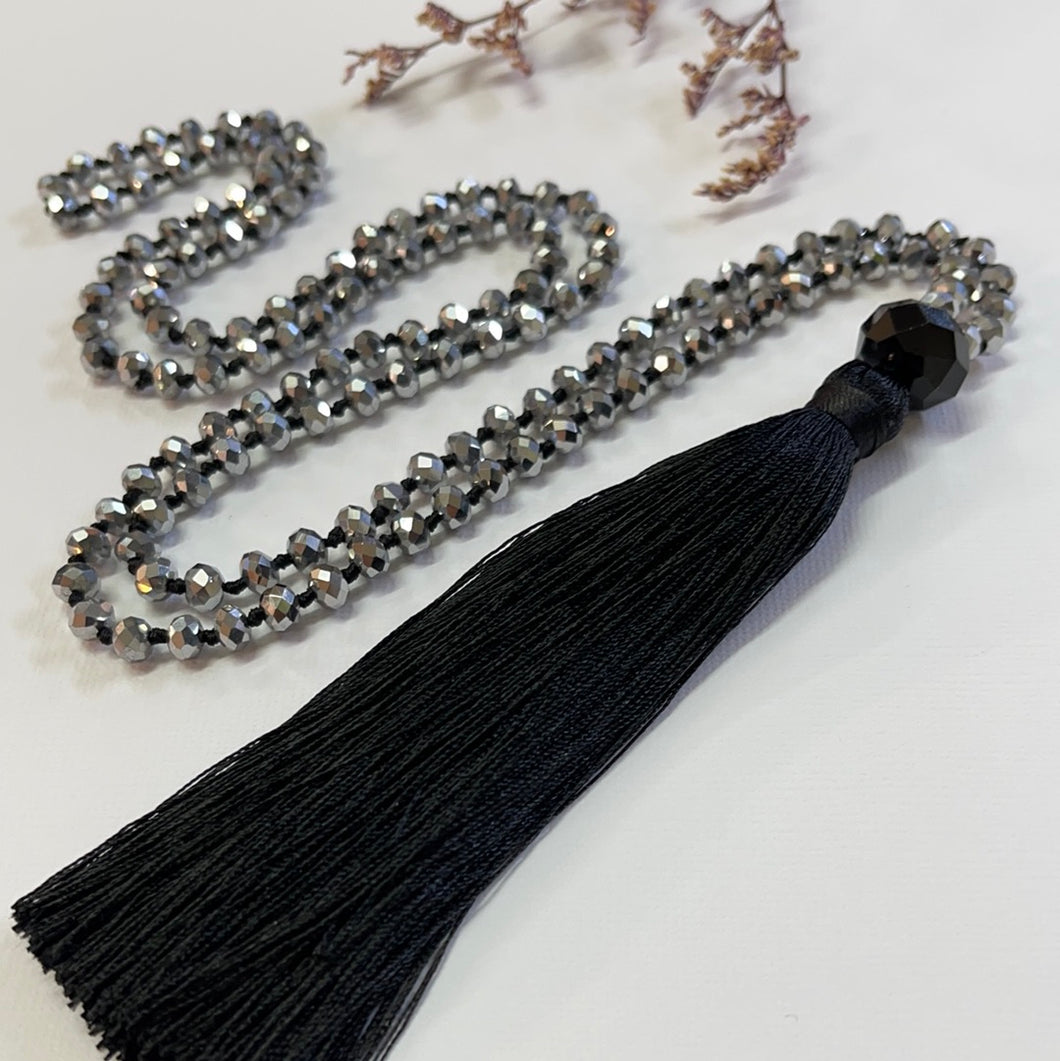 Crystal Tassel Necklace - Black Silver