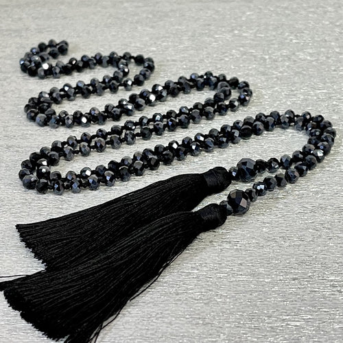 Sparkly midnight black double tassel necklace