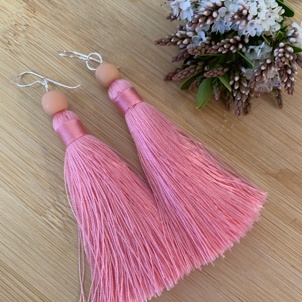 Soft Summer Pink Tassel Earrings with Sterling Silver Hooks - Peacock
